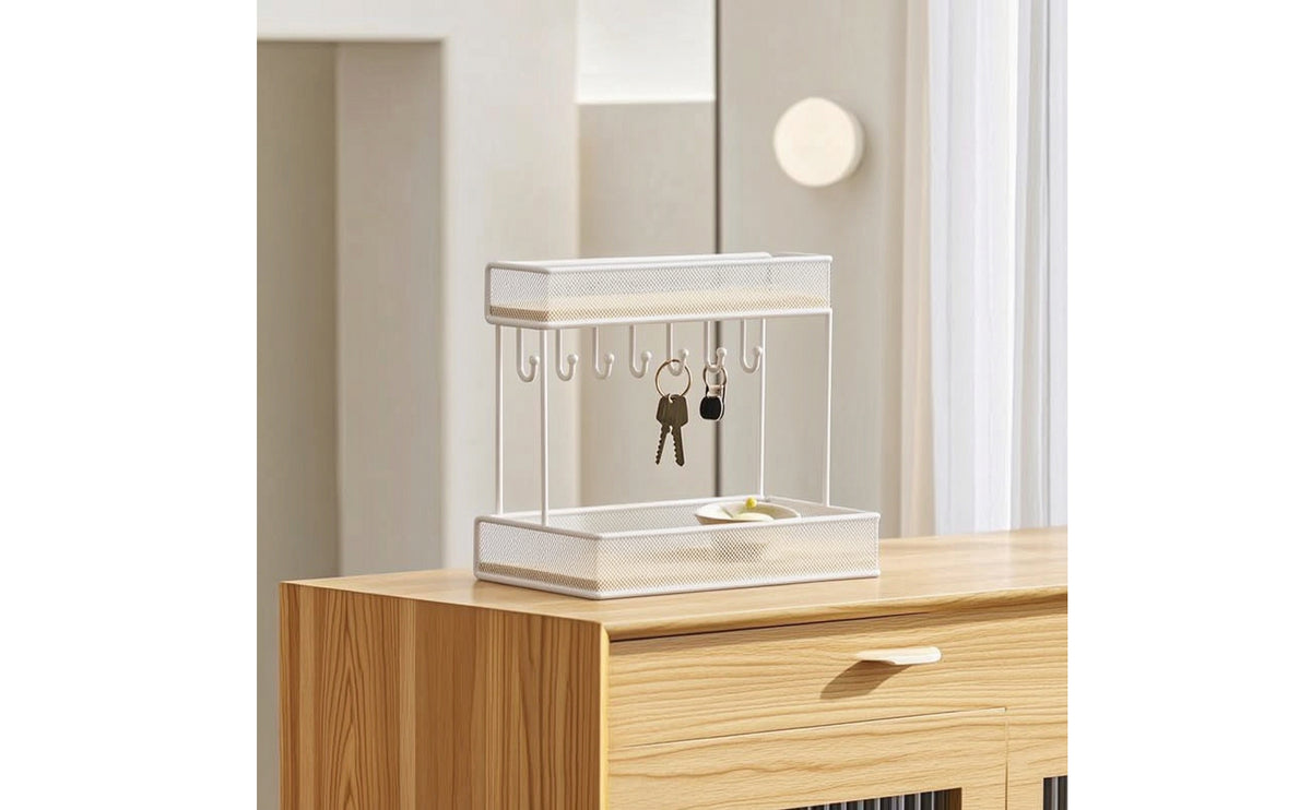 Entryway Storage Rack Twotwo-Level Holder with Tray Metal Mesh Key Rack with Tray for Foyer, Desk