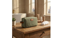 Leather Trim Canvas Toiletry Bag Zippered Waterproof Toiletry Bag Woven Texture