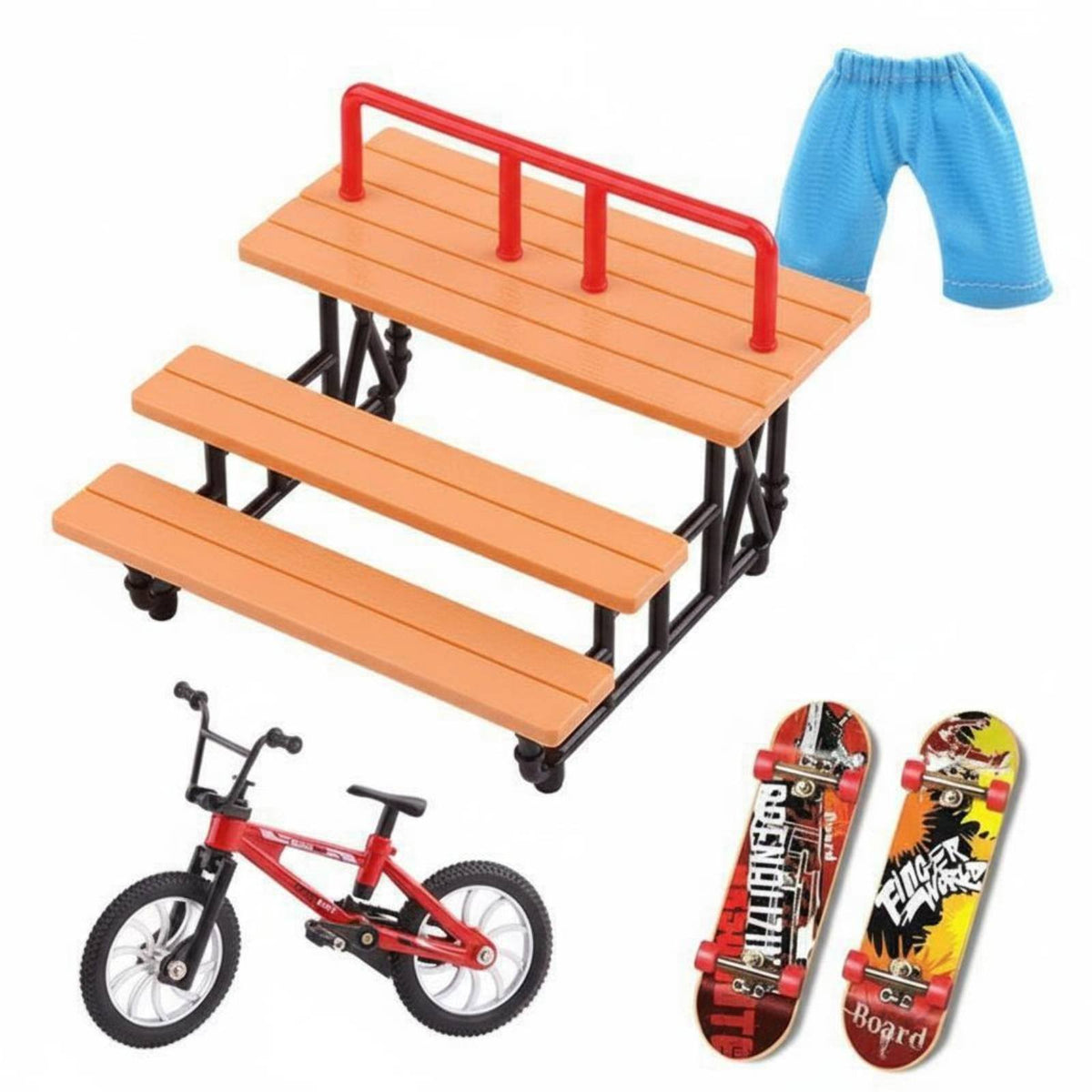 Alloy Trucks Finger Bike and Skateboard Playset Wood Grain Finish Mini Skatepark Kit Grip Tape Deck for Teenagers, Hobbyists, Tabletop, Desk