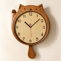 Lucky Cat Solid Wood Wall Clock with Silent Movement for Living Room Decor