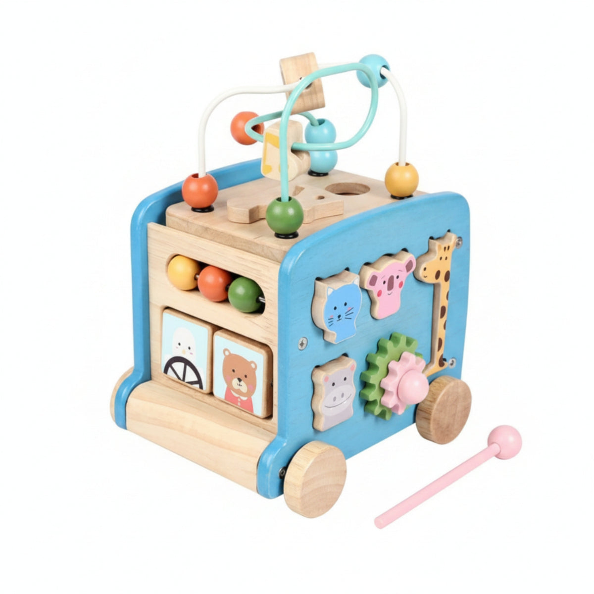 Wooden Activity Bus Multifunctional Activity Cube with Bead Maze Developmental Shape Sorter with Beads for Infants, Preschoolers
