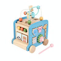 Wooden Activity Bus Multifunctional Activity Cube with Bead Maze Developmental Shape Sorter with Beads for Infants, Preschoolers
