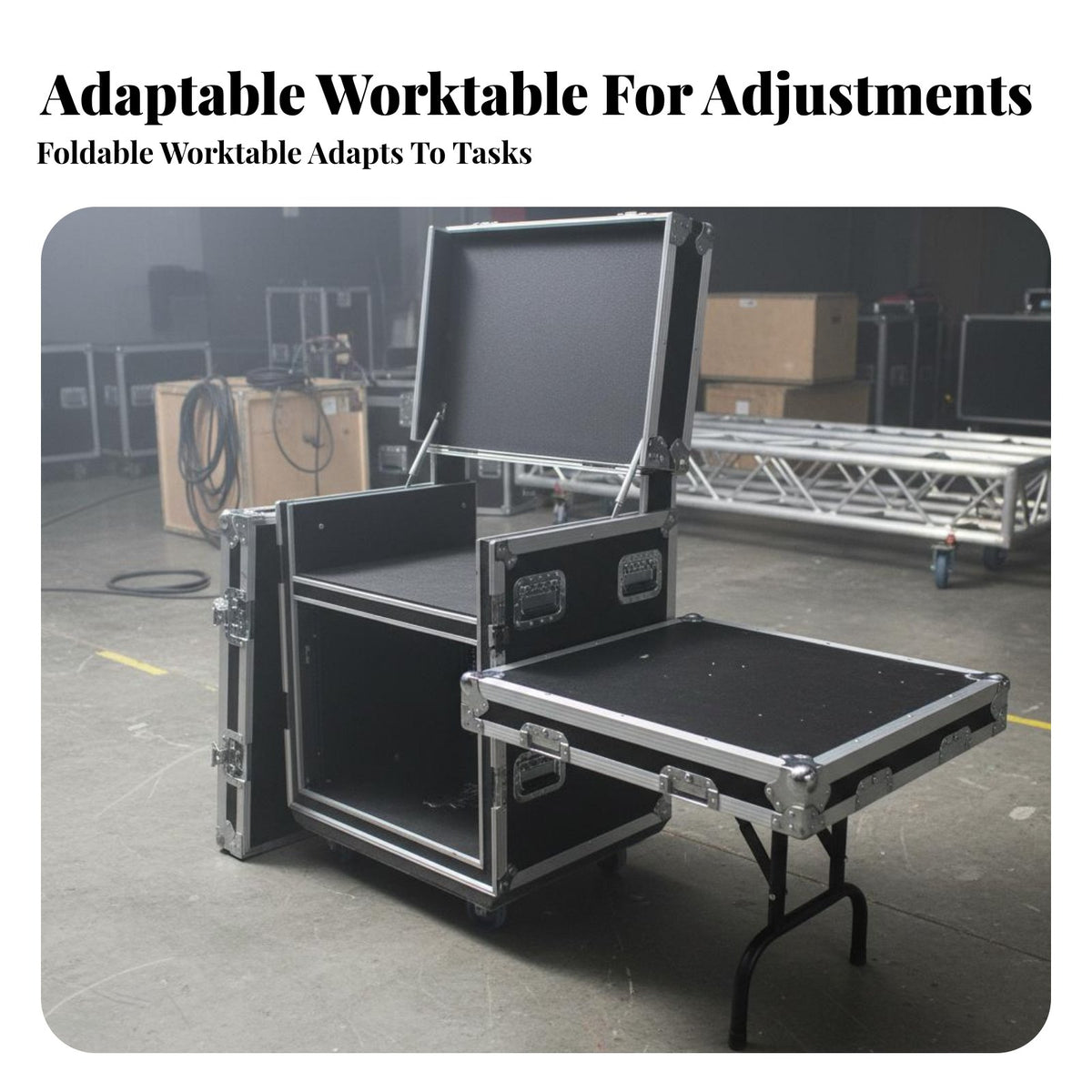 Shockproof Mobile Audio Workstation Heavy-Duty Construction Flight Case Lockable Rack Cabinet Portable Design for Sound Technicians, Live Performers, Event Production Crew, Touring, on-Location, Events, Studio