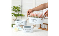 Brushed White Vintage Metal Flower Pot Sturdy Handles Galvanized Oval Planter Oval Metal Planter