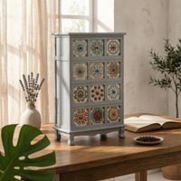 Wooden Storage Cabinet Geometric Vintage Cabinet Wooden Sideboard Tile-Like Sturdy Legs Decorative