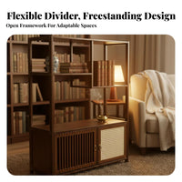Traditional design Bamboo Tea Console adaptable Use Multi-Compartment Display Rack Space-Saving Storage Furniture Cabinet with Door for Collectors, Homeowners, Living Room, Study, Office, Kitchen