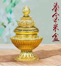 Tibetan Three-Tier Rice Box for Buddhist Altar with Eight Auspicious Symbols