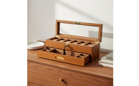 Two-Tier Watch Box Divided Compartments Glass Lid Watch Box Gold-Tone Hardware Rectangular