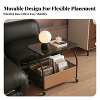 Space-Saving Rolling Side Table Versatile Glass Top End Table Metal Frame Mobile Nightstand Sturdy Construction for Apartment Dwellers, Office Workers, Living Room, Bedroom, Balcony, Bathroom