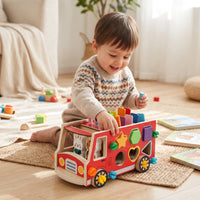 Wooden Bus with Push-Along Bus Shape Sorter Educational Wooden Shape Sorter for Young Children, Kids