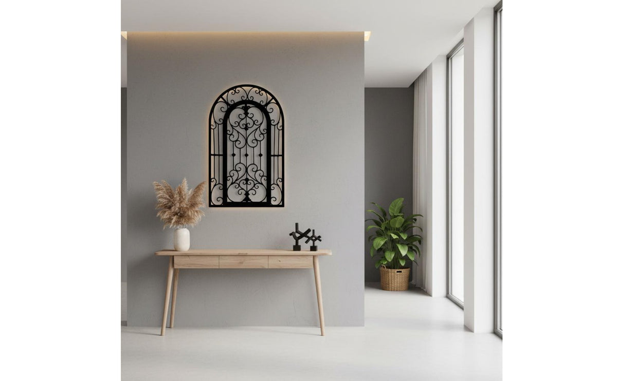 Scrollwork Pattern Metal Scroll Wall Decor Vintage Design Metal Scroll Wall Panel Easy to Hang Wrought Iron Window Frame Hollow Carved Design for Living Room, Bedroom, Entryway, Bathroom