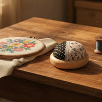 Round Wooden Base Pincushion Floral Print Patchwork Sewing Pins Cushion Gingham Wooden Sewing Pins Cushion Lace Trim
