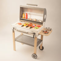 Wooden Play Grill Cart Rolling Kids Grill Playset Compact Pretend Play Barbecue for Young Children