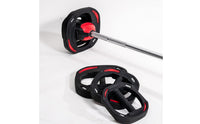Silver-Colored Standard Barbell and Plates Red Accents Barbell Set Straight Design Weight Bar Large Center Opening