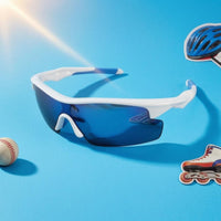 Close-Fitting Mirrored Visor Sunglasses Blue Accents Curved-Around Sports Sunglasses Lightweight Athletic Curved-Around Shades for Cycling, Training, Skating