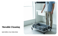 Easy Mobility Freestanding Mop Holder on Wheels Water Collection Basin Mobile Mop and Broom Rack Sturdy Construction Rolling Cleaning Cart with Water Collection Tray Space-Saving Design for Commercial Cleaners, Janitors, Balcony, Laundry Room, Garage