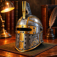 Raised Crest Spartan Helmet Statue Silver and Gold Antique-Style Helmet Ornament Distressed Finish Perforated Panels for Home Display