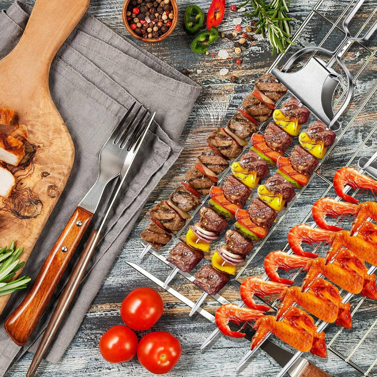 4 Pieces Skewers with Basting Brush Kabob Skewers with Push-off Slider Heat-Resistant for Grill Experts