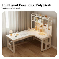 L-Shaped Corner Desk Solid Wood Central Corner Computer Desk with Shelves Large Storage Space Writing Workstation with Shelves for Teens, Streamers