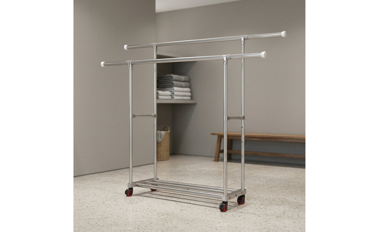 Adjustable Height Rolling Clothes Rack with Shelf Freestanding Double Rod Garment Rack Heavy Duty Furniture Sturdy for Laundry Room, Bedroom, Balcony