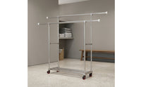 Adjustable Height Rolling Clothes Rack with Shelf Freestanding Double Rod Garment Rack Heavy Duty Furniture Sturdy for Laundry Room, Bedroom, Balcony