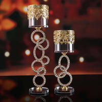 2 Pieces Hollow-Carved Design Crystal Metal Candle Holder Set Rhinestone Pillar Candle Stand for Wedding, Living Room, Party