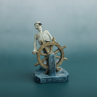 Aquarium Ornament with Nautical Steering Wheel Resin Skeleton Leader Statue Weathered Pirate Leader Ornament with Wheel for Desktop Display