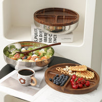 Acacia Wood Divided Fruit Tray Warm Brown Grain Stainless Steel Fruit Tray Polished Tableware Round