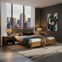 Rattan Headboard Bed Minimalist Design Solid Wood Foundation Bed for Homestay, Hotel, Guest Room