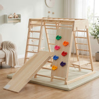 Climbing Play Structure with Slide Wood Wooden Climbing Frame with Swing Multifunctional Indoor Playground with Slide for Living Room, Nursery