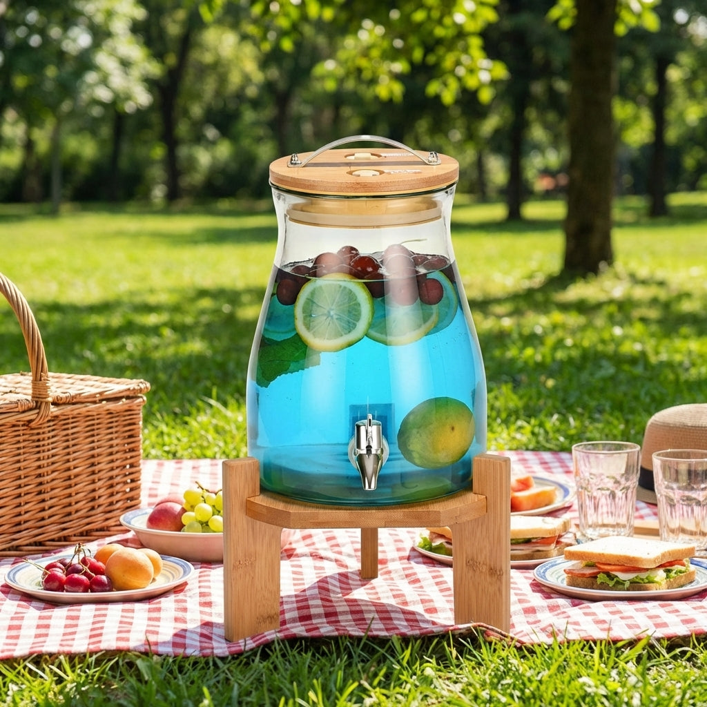 Drink Dispenser with Tap and Metal Stand, Tapered Juice Dispenser with Steel Spigot, Beverage Dispenser for Iced Tea and Home Bar Use