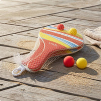 2 Pieces Multicolor Beach Bat-and-Ball Game Racket Set Striped Wooden Bat-and-Ball Game Racket Set Mesh Bag Round Head Rackets Long Handle