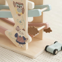 Pastel Wooden Car Ramp with Cars Tabletop Sliding Track Toy with Cars Educational Car Ramp Toy Compact for Toddlers, Preschoolers, Kids, Playroom, Nursery, Preschool
