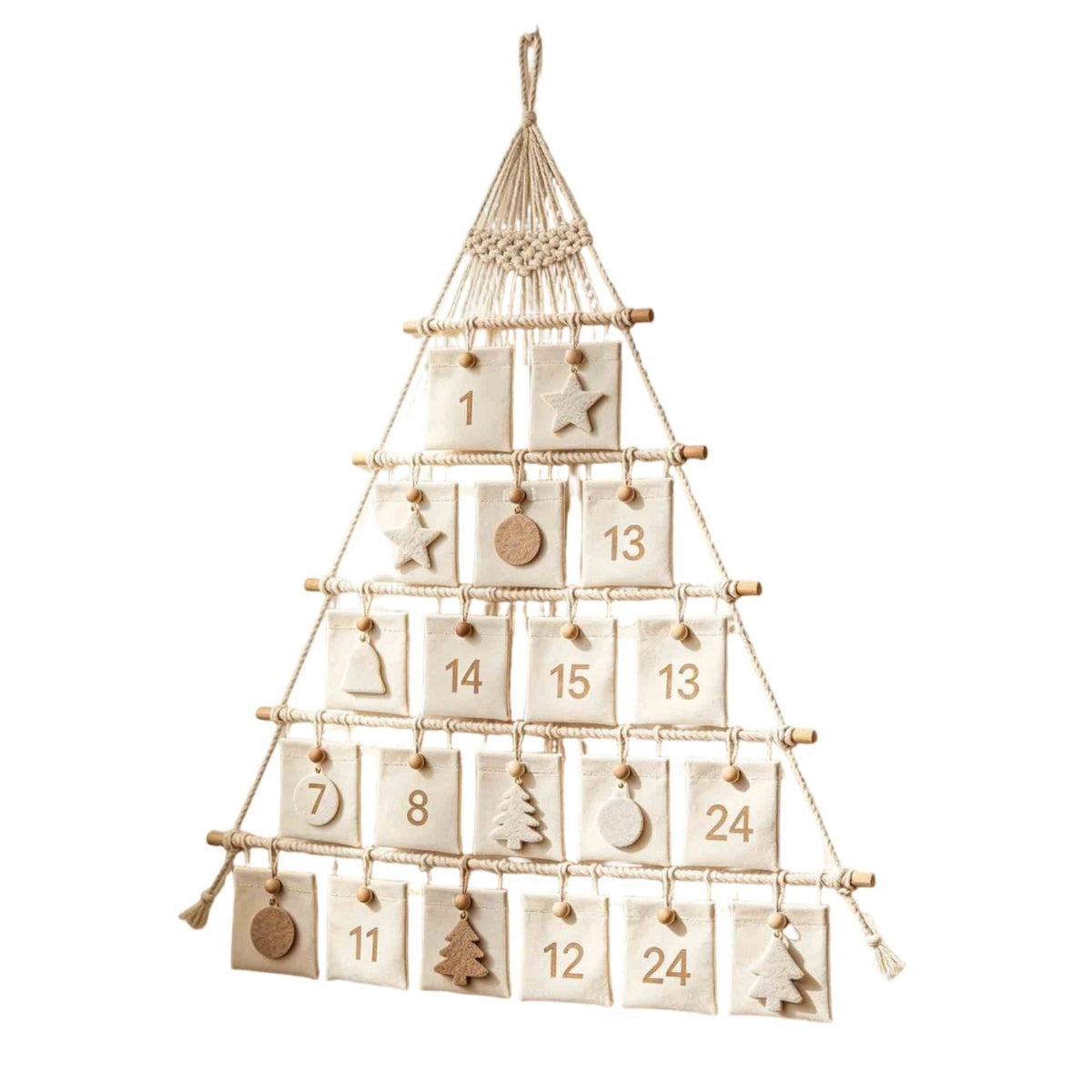 Bohemian Boho Christmas Tree Wall Hanging Handmade Macrame Christmas Tree Reusable Cloth Advent Calendar with Pockets Woven for Families, Apartments, Classrooms