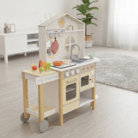 Wooden Play Kitchen with Accessories Realistic Toy Kitchen Set with Pots and Pans Interactive Wooden Play Cooking Set for Kids, Preschoolers, Daycare