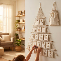 Bohemian Boho Christmas Tree Wall Hanging Handmade Macrame Christmas Tree Reusable Cloth Advent Calendar with Pockets Woven for Families, Apartments, Classrooms