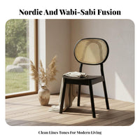 Nordic Inspired Cane Back Wooden Chair Natural Rattan Weave Armless Wooden Side Chair Solid Wood Frame Dining Seating Japanese Aesthetic for Interior Designers, Restaurant Owners, Homeowners, Guesthouse, Eatery, Kitchen, Home Office