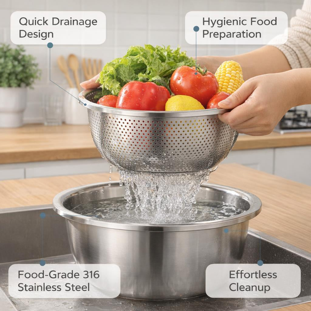 Stainless Steel Colander Mixing Bowl Set, Kitchen Strainer Bowl, 2-Piece Stainless Steel Strainer, Washing Vegetables Fruits Salad