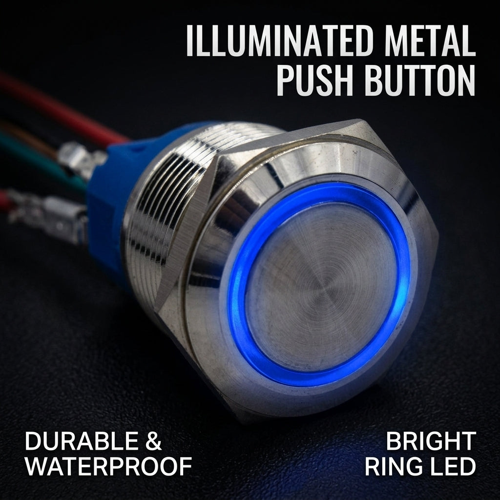 22mm Waterproof Metal Push Button Switch with LED circle Light, Stainless Steel Panel Mount for Electrical Equipment and Machinery