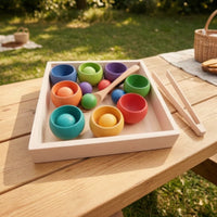 Balls in Cups Toy with Serving Utensil Educational Wooden Sorting Toy with Cups Rainbow Developmental Sorting Set Tray for Homeschool, Classroom