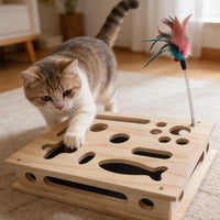 Interactive Feline Scratch Challenge Box Multi-Hole Wooden Feline Maze Natural Instincts Sturdy Wood for Cats, Indoor