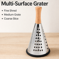 Stainless Steel Conical Grater, 9 Inch Conical Cheese Grater with Wood Handle, 3 Sided for Vegetables & Cheese, Fine Coarse Shredding Slicing Tool