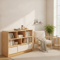 Low Bookshelf with Cubbies Wood Grain Bookcase with Doors Floor-Standing Low Bookcase for Bedroom, Reading Corner