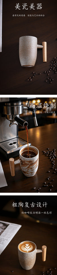 Modern Minimalist Ceramic Coffee Mug with Wooden Handle