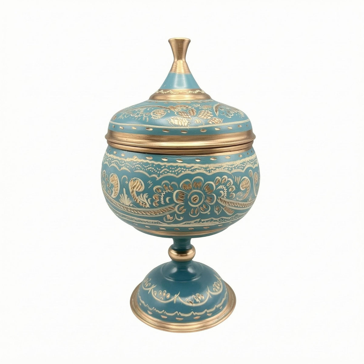 Handmade Copper Sugar Jar Pedestal Base Carved Copper Jar Enamel-Style Ornament Centerpiece