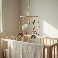 Nordic Aesthetic Rainbow Crib Mobile Soft Soft-Textured Balls Wooden Hoop Mobile Handmade Wood Bead Crib Hanger Gender Neutral for Babies, Newborns