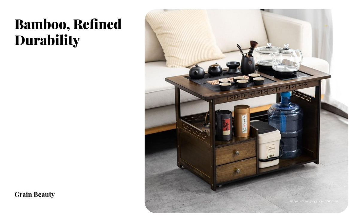 Solid Wood Construction Mobile Tea Table Versatile Design Tea Table Integrated Boiler Ample Storage Space Sturdy and Long-Lasting for Homeowners, Hosts, Adults, Living Room, Balcony, Bedroom, Kitchen