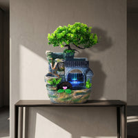 Decorative Indoor Fountain with Artificial Plant Lighted Rock Waterfall Fountain Electric Calming for Office Desk