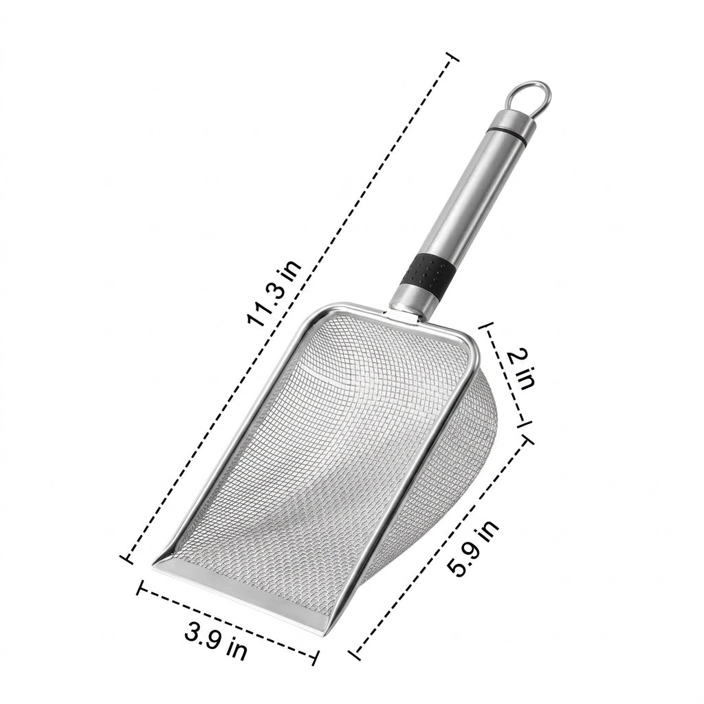 Cat Litter Sifter and Metal Tool with Stand, Stainless Steel Handle, Fine-Hole Litter Sifter for Efficient Cleaning Use