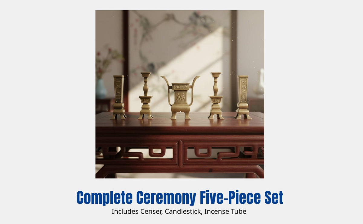 Rectangular Solid Copper Offering Set, Incense Burner, Candle Holder, Home Buddhist Altar, Traditional Ceremony Decor